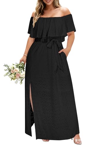 Image of Pinup Fashion Women Plus Size Summer Dresses - Off The Shoulder Wedding Guest Eyelet Casual Maxi Dress Pockets