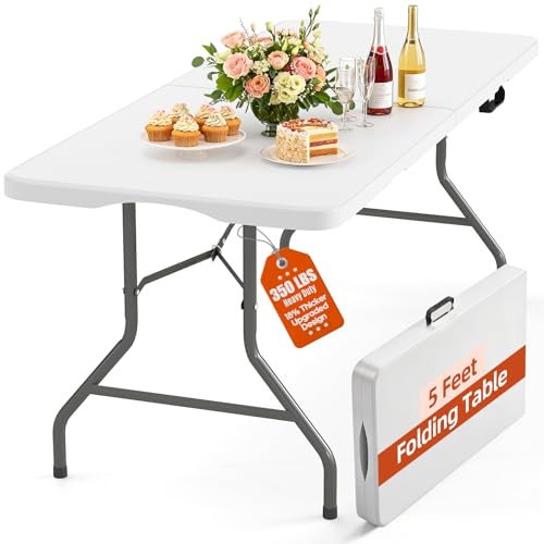 Harigal 5 Foot Folding Table 350 LBS Heavy Duty, 18% Thicker HDPE Waterproof Top, Portable Fold in Half Table with Carrying Handle and Steel Frame for Indoor Outdoor Party Events