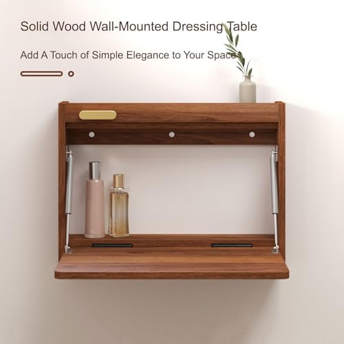 Beige Floating Vanity Desk with Mirror, Wall-Mounted Makeup Table, Storage Dressing Station, Multi-Purpose Nightstand for Bedroom, 80cm/31.5in