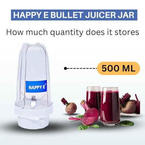 Image of HAPPY E Premium Bullet Mixer Grinder Jar, 300ml BPA-Free Polycarbonate Jar with SS 304 Cross Blade, 2-Lock System & 4-Teeth Coupler for Grinding, Blending & Mixing