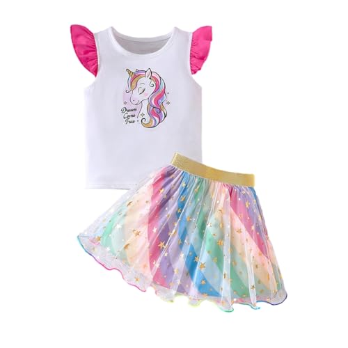 Image of Toddler Girls Suit Outfits 2 Piece Skirt Set Unicorn Ruffle T-Shirt and Rainbow Star Tutu Skirts for Big Kid Sizes 2-7T