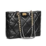 OMELUMO Luxury Soft Lambskin Quilted Shoulder Bag with Black & Gold Mixed Chain Strap for Women (Black)