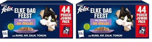 FELIX Fantastic, Comida Húmeda para Gato Adulto, Gelatina, Surtido de Buey, Pollo, Salmón y Atún, Pack de 44 Sobres de 85 g (Paquete de 2)