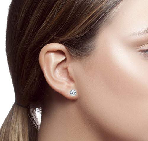14K White Gold Stud Earrings for Women Men with CZ | Real 14K Gold Cubic Zirconia Stud Earrings with Secure Butterfly Backs | Anti-Tarnishing CZ Earring Size 7.5MM by MAX + STONE
