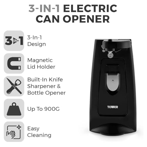 Tower T19007 3-In-1 Electric Can Opener With Knife Sharpener & Bottle Opener, Black - 5