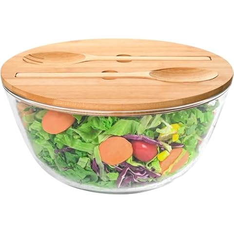 LOVYANXUE 10.6" Glass Salad Bowl with Lid, 4.7 Quart Large Capacity Serving Bowls and Mixing Bowls with Utensils, Versatile Serving Dish for Salads,Fruits,Pasta,Popcorn,Trifle Bowl, Microwave Safe Cover