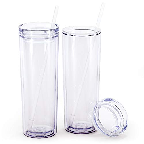 Image of Maars Skinny Acrylic Tumbler with Lid and Straw | 18oz Premium Insulated Double Wall Plastic Reusable Cups - Clear, 2 Pack