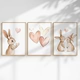 Generisch 3er Poster Set Kinderzimmer Mädchen – Babyzimmer Wandbilder mit Einhorn, Prinzessin, Tieren & Regenbogen – Liebevolle Deko fürs Mädchenzimmer (Hase & Herzen, DIN A3, Ungerahmt)