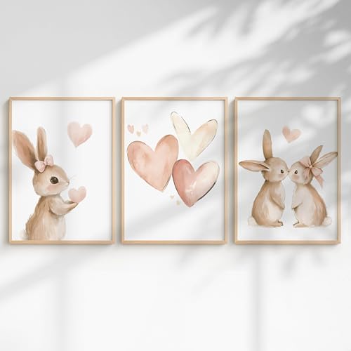 Generisch Lot de 3 posters pour chambre d'enfant fille - Tableaux muraux avec licorne, princesse, animaux et arc-en-ciel - Décoration adorable pour chambre de fille (lapin et cœurs, format A4, sans