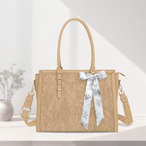 Image of MOSISO Laptop Bag for Women, PU Leather Tote Bag, Front Embossed Retro Hibiscus Computer Bags with Silk Scarf&Clutch Purse