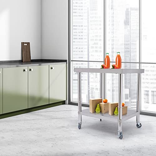 Table de travail en acier inoxydable avec étagère basse et roulettes de blocage stables