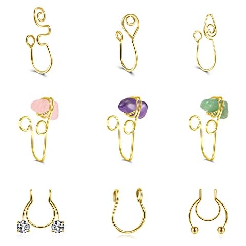 AllerPierce Fake Nose Rings Gold Nose Cuffs Fake Septum Nose Rings Hoop Stainless Steel Inlaid CZ Crystal Non Piercing Clip On Nose Ring for Women African Nose Cuff Faux Piercing Jewelry Cover