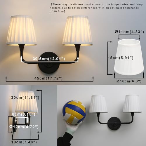 Image of Yosoan 2-Light White Pleated Fabric Shade Wall Sconce, White Pleated Cup Funnel Shade, Vanity Vintage Industrial Hardwired Indoor Boho Wall Mounted for Kitchen Living Room Staircase (Black)