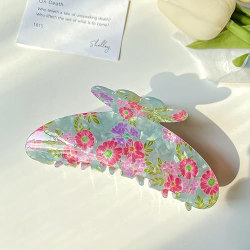 4.3" Floral Pattern Print Large Vintage Hair Claw Clip Non-Slip Shell French Style Hair Accessories for Women Girls Thick Hair, Floral Light Cyan