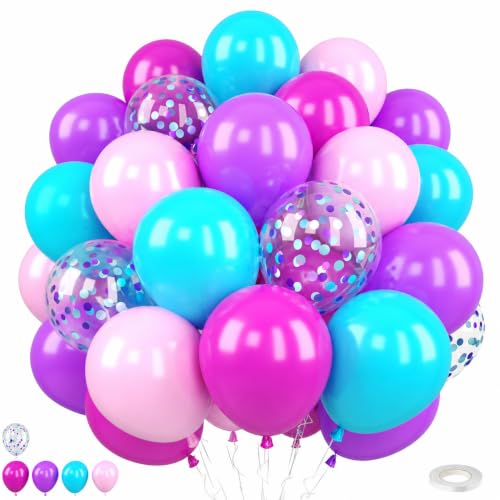Image of Pink Purple Balloons, 50Pcs 12 Inch Teal Blue and Confetti Latex Balloons | Pink and Purple Mermaid Balloons for Girl Women Birthday Baby Shower Ocean Theme Under the Sea Party Decorations