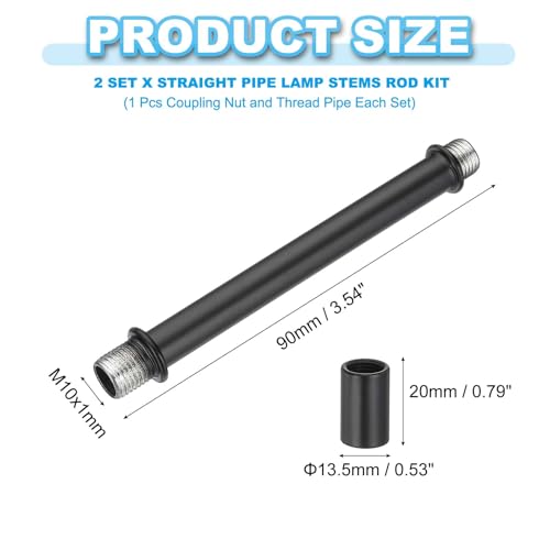 Image of PATIKIL Straight Pipe Lamp Stems Rod Kit, 2 Set M10 Carbon Steel 90mm(3.54 inch) Long Double End Thread Rod with Coupling Nuts Sleeve Connector for Table Lamps Chandeliers,Black
