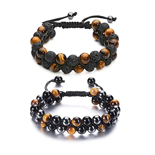 Jovivi 2 Pcs Hematite Black Obsidian Tiger Eye Stone Bracelets For Men Women 8Mm/10Mm Round Natural Healing Crystal Gemstone Beads Protection Bracelets For Anxiety Good Luck #TOP30