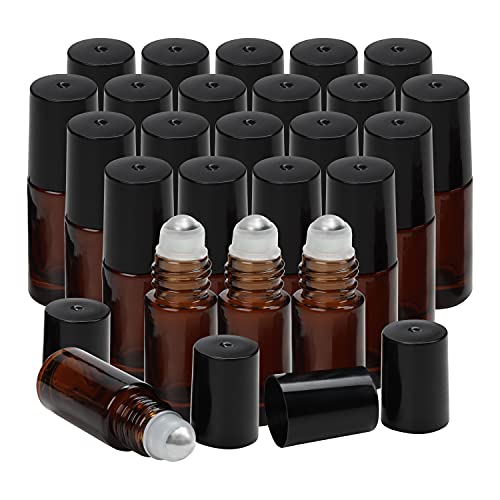 BELLE VOUS Botella Roll On de Vidrio (Pack de 24) 5 ml Frascos de Vidrio Bola de Acero Inoxidable – para Aceites Esenciales, Aromaterapia, Bálsamo Labial y Cosméticos - Frasco Perfume Recargable