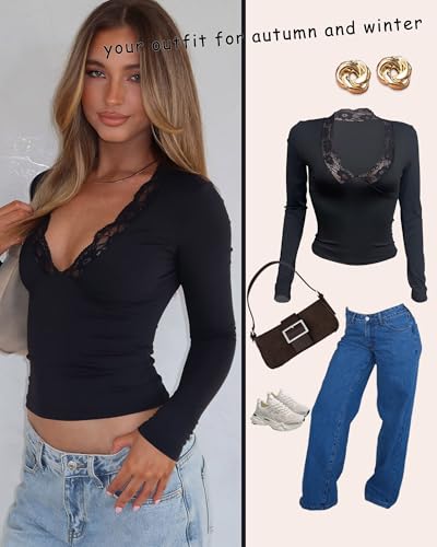 Women's Long Sleeve Crop Tops Sexy V Neck Trim Lace Tees Y2K Spring Fashion Slim Fitted T Shirts Going Out Tops2