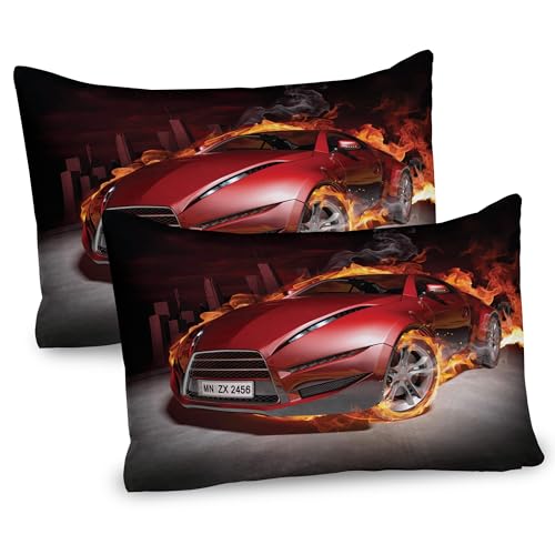 Ambesonne Cars Pillow Sham Set of 2, Red Sports Car Burnout Tires in Blazing Engine Hot Smoke Automobile, Quality Microfiber Bedding Item for All Seasons, 36