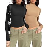 Zeagoo Mock Turtleneck Women Casual Basic Crop Tops Slim Fit Thermal Underwear Tops Long Sleeve Shirts for Women,2 Pack Black+Camel S