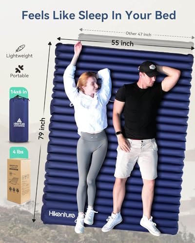 Image of Hikenture Double Sleeping Pad for Camping, Ultralight 4 inch Extra-Thick Camping Mattress 2 Person, Inflatable Backpacking Sleeping Mat, Hiking Air Mattress for Tent (Navy Footpump 79x55in)