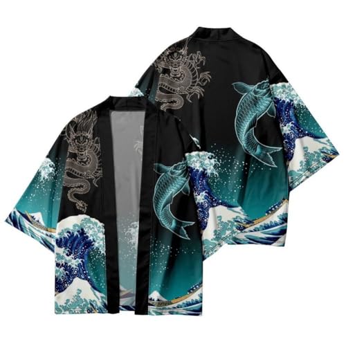 Men's Kimono Cardigan Japanese Kimono, Wave Carp Print Pattern Traditional Japan Clothing Yukata Japan Haori Cardigan Beach Clothing2