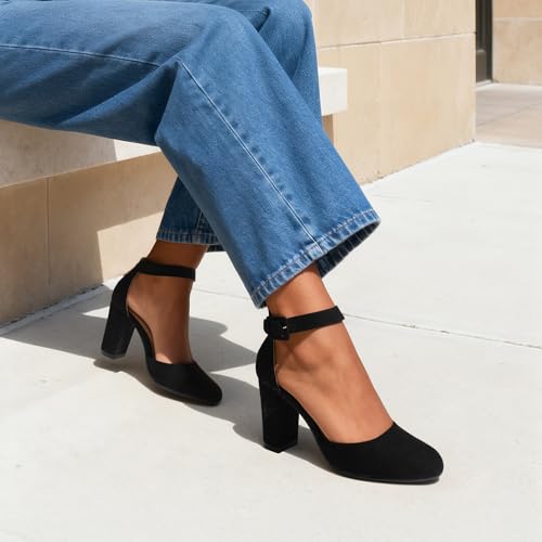 DREAM PAIRS Womens High Heels Closed Toe Court Shoes Block Ankle Strap Ladies Sandals for Wedding,Size 8,Black/Suede,Angela - Image 2