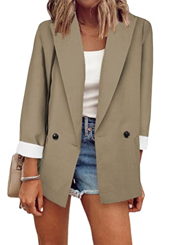 Omzin Women's Stretch 3/4 Gathered Sleeve Open Blazer Jacket Loose Elegant Retro Jackets Khaki Xl #TOP5