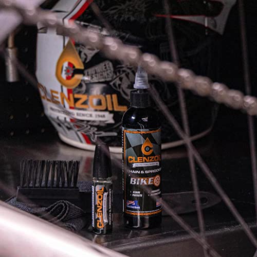 Clenzoil Chain & Sprocket Bike Chain Cleaning Oil & Tool Kit | Cleaner Lubricant Protectant [Clp] | Bike Chain Cleaner + Chain Lube In One | 4 Oz Bottle, 0.5 Oz Needle, Microfiber, & Chain Brush #TOP5