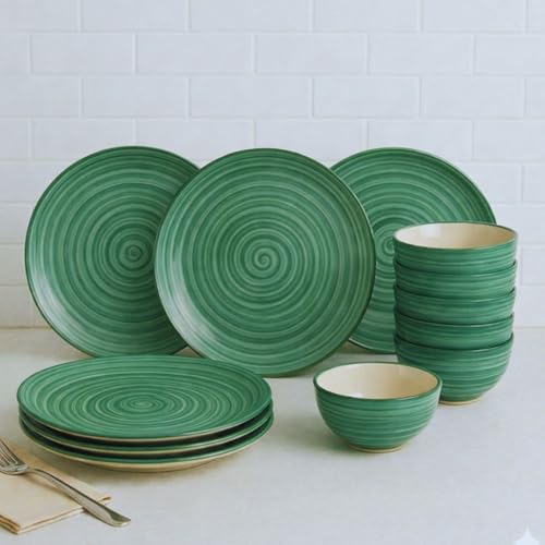 Image of Freakway Hand-Painted 'Sea Swirls' Ceramic Dinner Set of 12 Pieces | 6 Ceramic Dinner Plate and 6 Bowl /katori | Bone Ash Free | Microwave and Dishwasher Safe - Green