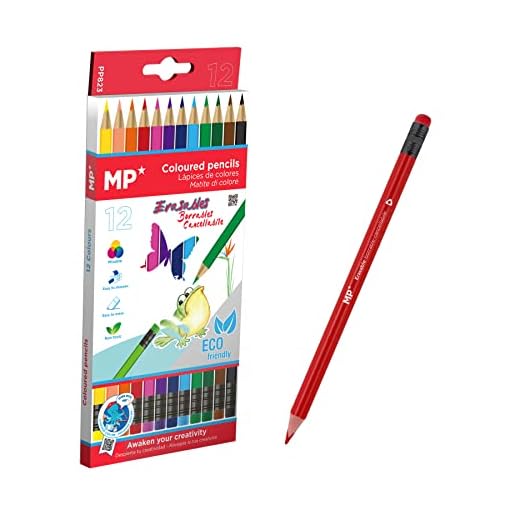 MP – Lápices de Colores con Goma de Borrar 12 Unidades, Perfecto para Colorear y Dibujar, Lápices de Colores Para Niños, Cuerpo de Madera, Multicolor, Colores Vivos, Material Escolar.