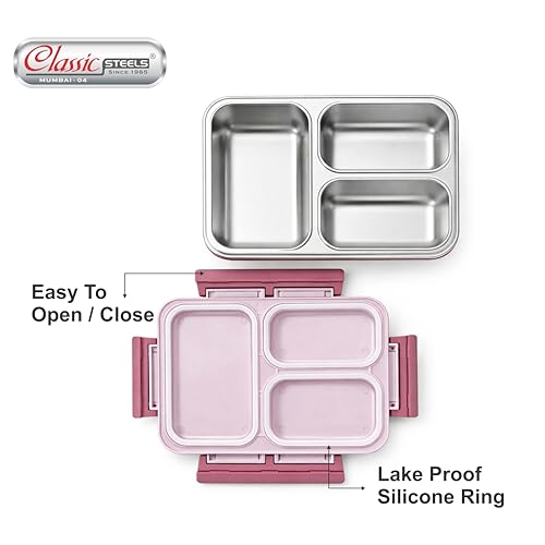 Image of Classic Steels Insulated 3-Compartment Stainless Steel Lunch Box for Kids & Adults | Leak-Proof Bento Box with Silicone Seal | BPA-Free & Food Grade, Pink