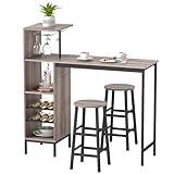 HOMCOM Bartisch mit Barhocker Set Tresentisch mit 2 Stühlen mit Fußstütze, Esstisch mit Weinglashalter, Ablage, Weinregal, Industrial Bartisch Set für Esszimmer, Kleine Raum, Grau