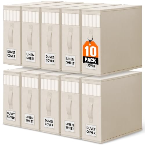 WOWBOX Sheet Organizers and Storage,Closet Bed Sheet Organizer Under Bed Storage and Organization with Label Cards & Clear Window for Bedding Sheets,Duvet Covers,Blankets (10 Pack，Beige)