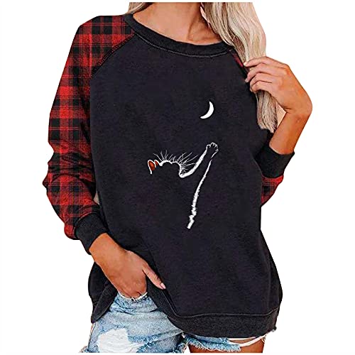 Women's Casual Halloween Lattice Stitching Sweatshirt Crewneck Blouse Top Fashion Plus Size Loose Long Sleeve Sweater Black #TOP4