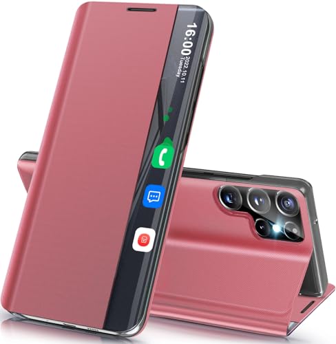 Phone Case for Samsung Galaxy S25 Ultra 5G Case, Mirror for Galaxy S25 Ultra 5G Cases with Kickstand, Leather PC Flip Clear View Window Protective Cover for Samsung S25 Ultra Phone Case (Pink) by Qissy - Used condition - US$11.27