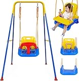 Upgraded 4-in-1 Babyschaukel Outdoor mit Tablett, Kinderschaukel Outdoor mit Zusammenklappbarer Gestell und Sicherheitsgurt für Outdoor & Indoor, Einfach zu Montieren