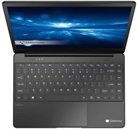 Gateway GWTN141-10BK 14.1-inch laptop, top-down view with screen open, displaying a blue abstract image.