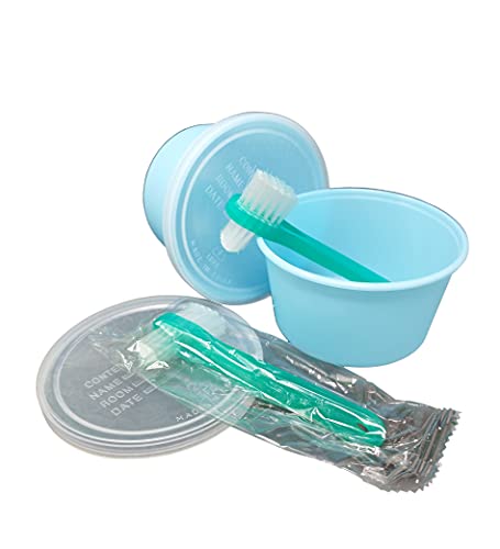 Denture Bath Cup with Cover [Pack of 2] with 2 Denture Cleaning Brushes - Denture Case for Storage, Cleaning, Soaking and Travel