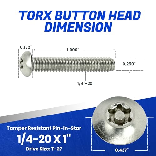 Fastenere Torx Security Machine Screws - 1/4-20 x 1 (10-Pack) Stainless Steel, Tamper-Resistant, Button Head Screws, Bolt Screw for Higher Level of Safety & Theft Prevention