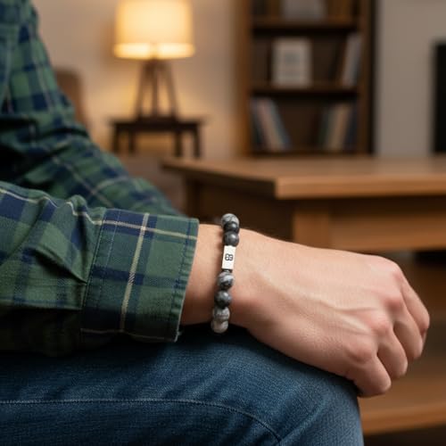 Natural Stone Alaska Bracelet, Lava, Jasper, and Larvikite Bracelet, Men's Beaded Jewelry2