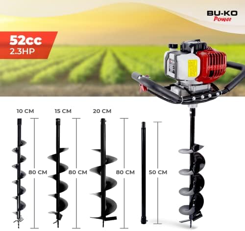 BU-KO 52CC 2Stroke Petrol Earth Auger Fence Post Ground Hole Borrer Digger 3HP V-Type | 3 Drill Bits Diameter (100,150,200mm), Safety Gear, Post Level & Extension