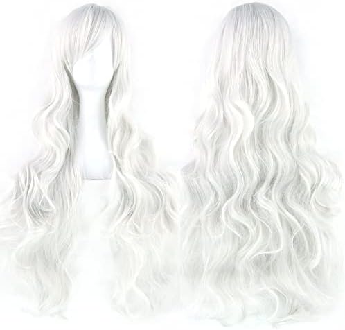 IMISSU 80cm Long Curly Natural Hair Cosplay Wig with Bangs Colorful Halloween Costume Party Wigs for Women (Sliver White)