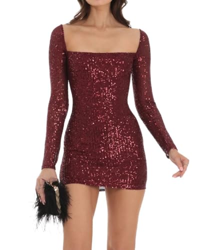 Women Sexy Long Sleeve Sparkly Sequin Bodycon Mini Dress Square Neck See Through Backless Self Tie Up Short Dress3