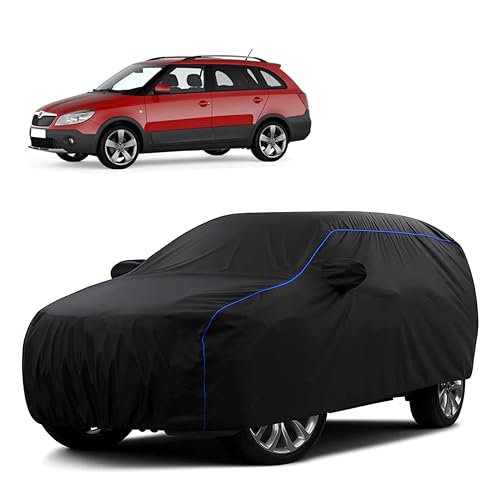 Image of Sulfar 100% Water Resistant Car Body Cover Compatible with Mirror for Skoda Fabia Scout (Triple Stitched, Full Bottom Elastic, Black Tafetta with Blue Piping)
