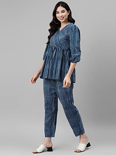 Image of DEEBACO Women's Stripe Print Cotton Flared Tunic & Pants Set|V Neck Top & Elasticated Waist Pant Western Casual Wear Indigo Relaxed Fit Cord Set Outfit for Ladies (DBCOMR00000802 XL Navy Blue)