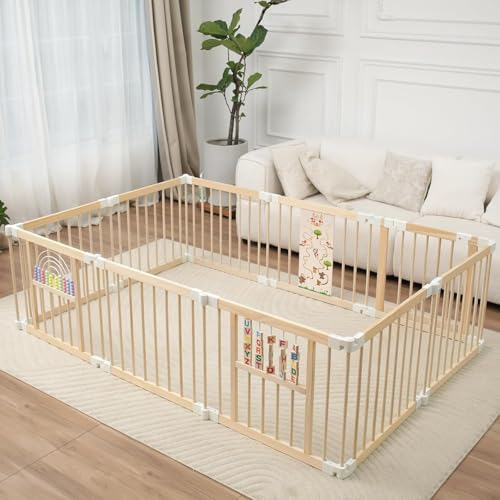Ulnxiy Foldable Wooden Baby Playpen Activity Center,Adjustable Size & Shape Portable Play Yard, Baby Fence Play Area with Gate for Indoor Use for...
