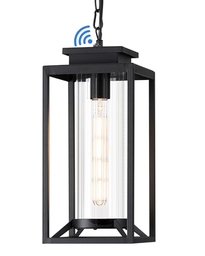 Osimir Outdoor Pendant Light, 14" Large Dusk to Dawn Outdoor Chandelier Lantern with Sensor, Black Modern Exterior Hanging Porch Light with Cylinder Glass, Adjustable Long Chain, OS-KY1002