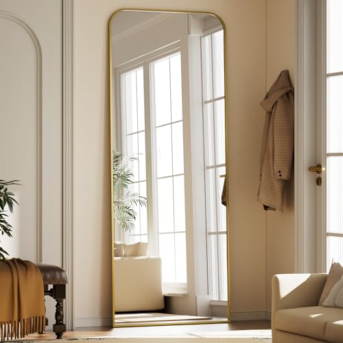 Koonmi Top Gebogene Ecken Standspiegel 76x171 cm, Ganzkörperspiegel bruchsicher Boden Körper Spiegel in voller Länge Modern Wundervoll für Wohnzimmer Schlafzimmer Flur, Gold